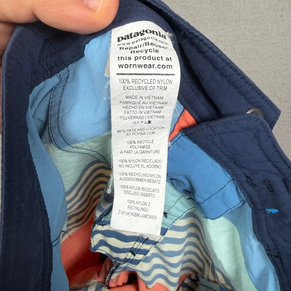 Patagonia Boys Costa Rica Baggies Board Shorts Blue Orange Striped Size 12